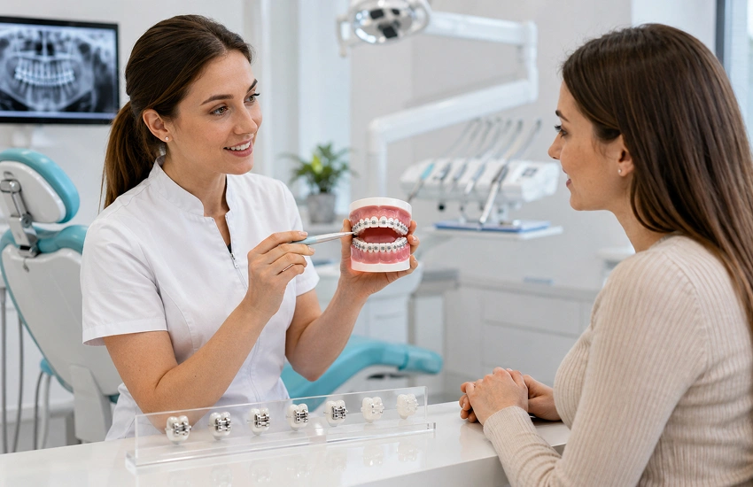Cuidados de higiene en ortodoncia y tipos de brackets explicados con modelo dental en consulta