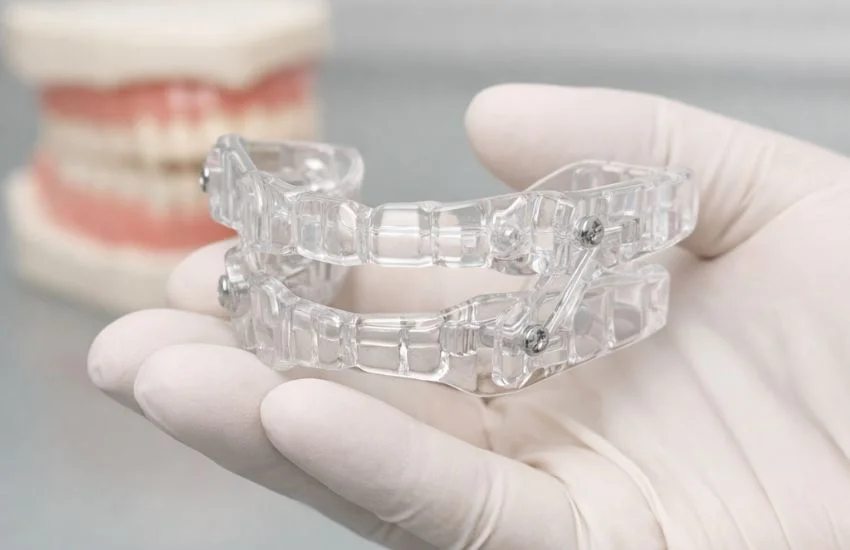 Dispositivo de avance mandibular a medida para ronquidos, similar a una férula dental, sostenido en un entorno clínico neutro.