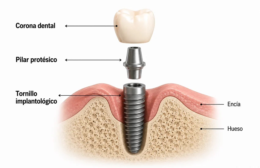 Esquema de las partes de un implante dental con tornillo, pilar y corona diferenciados