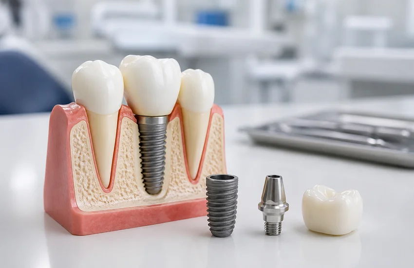 Partes de un implante dental con tornillo, pilar y corona explicadas de forma visual y clara