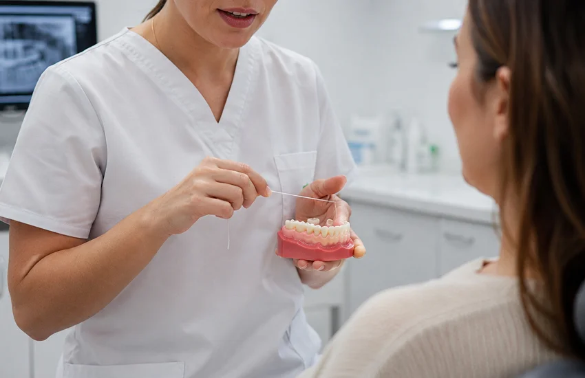 Profesional explicando cómo limpiar entre los dientes cuando las encías sangran con hilo dental.