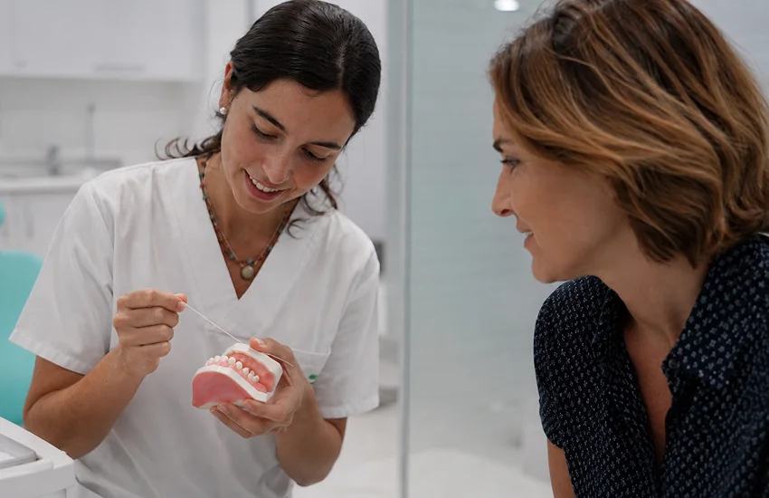 Encías que sangran con hilo dental durante una revisión dental tranquila y explicación de higiene bucal