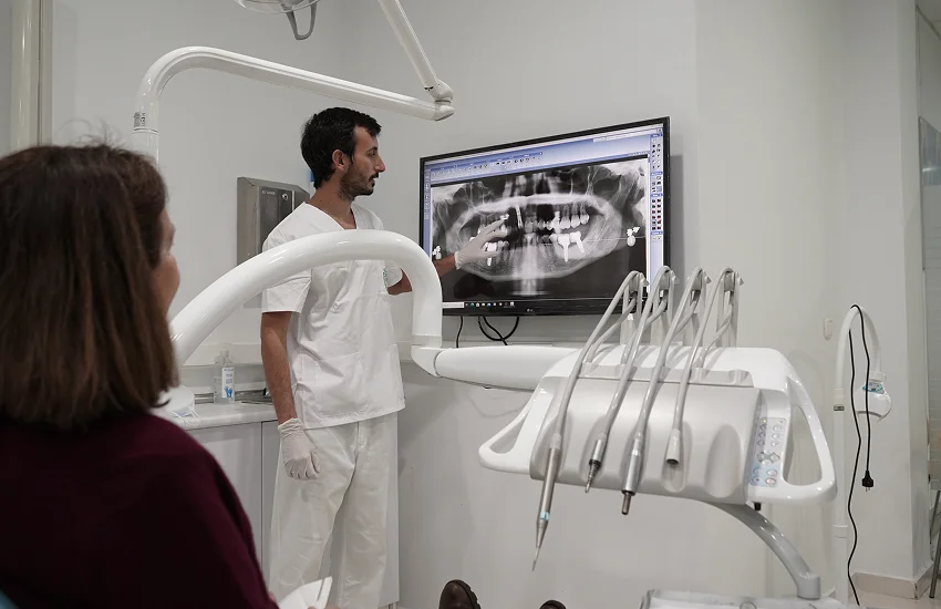 Profesional explica con un modelo dental cómo el hueso alveolar sostiene las raíces de los dientes.
