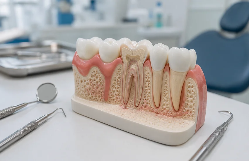 Modelo dental que muestra el hueso alveolar y la encía como soporte de los dientes en consulta clínica