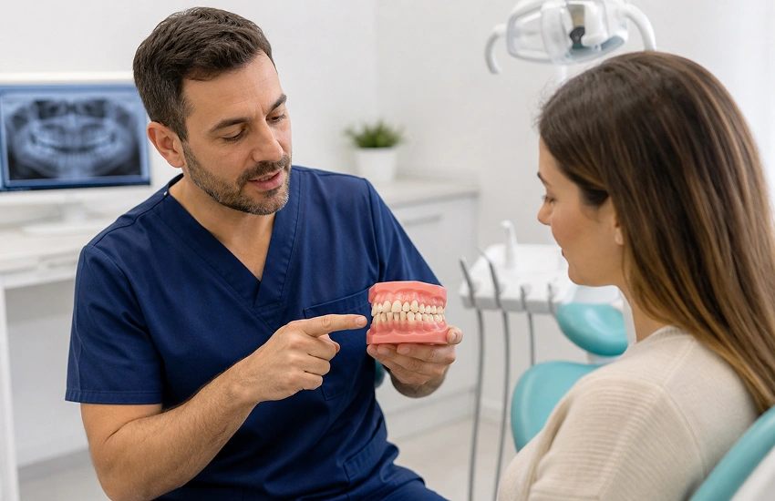Profesional dental explicando dientes apiñados en adultos con un modelo dental en una clínica luminosa