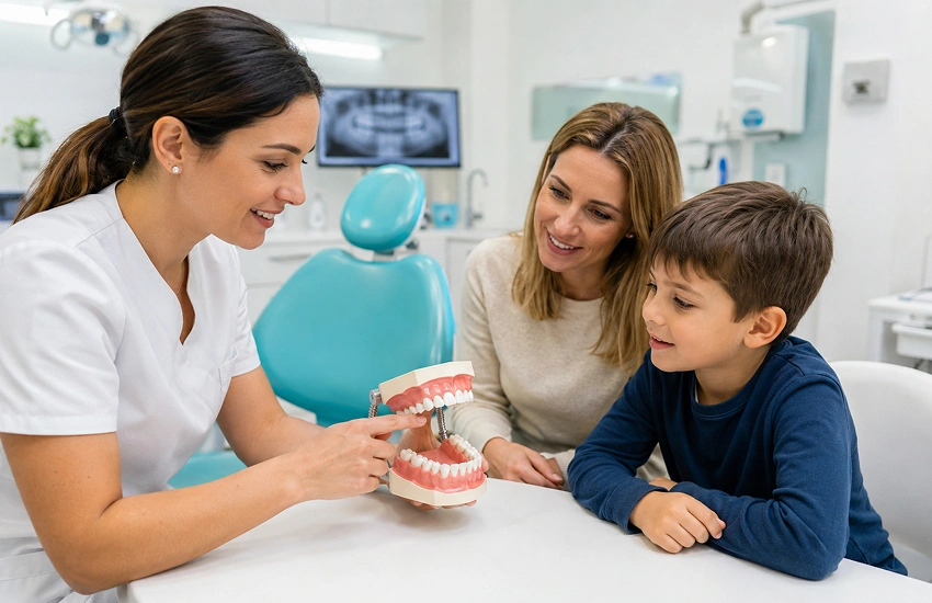 Respirar por la boca en niños en una revisión odontológica infantil con explicación profesional en clínica dental