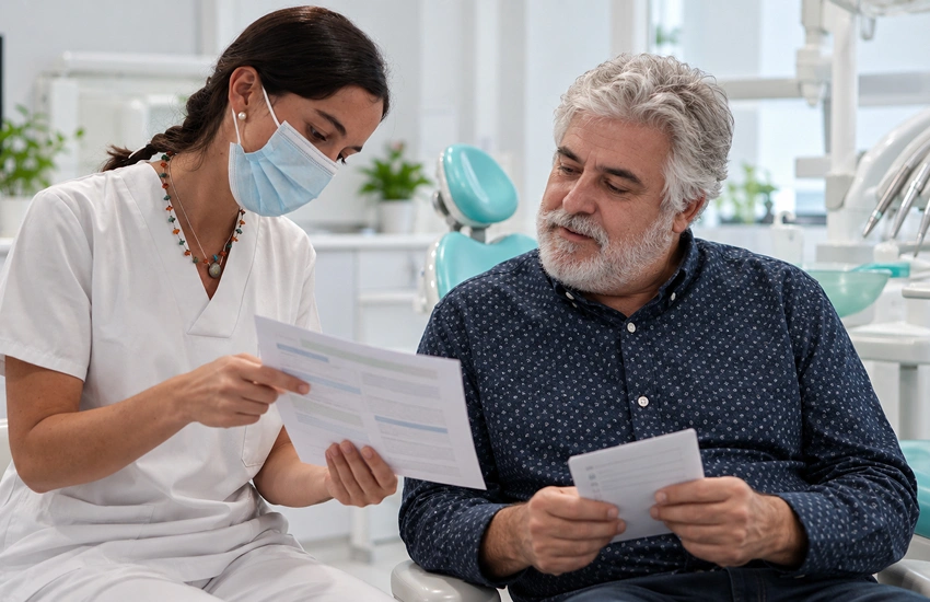 Odontóloga explica a un paciente cómo prepararse para una extracción dental durante la consulta previa.