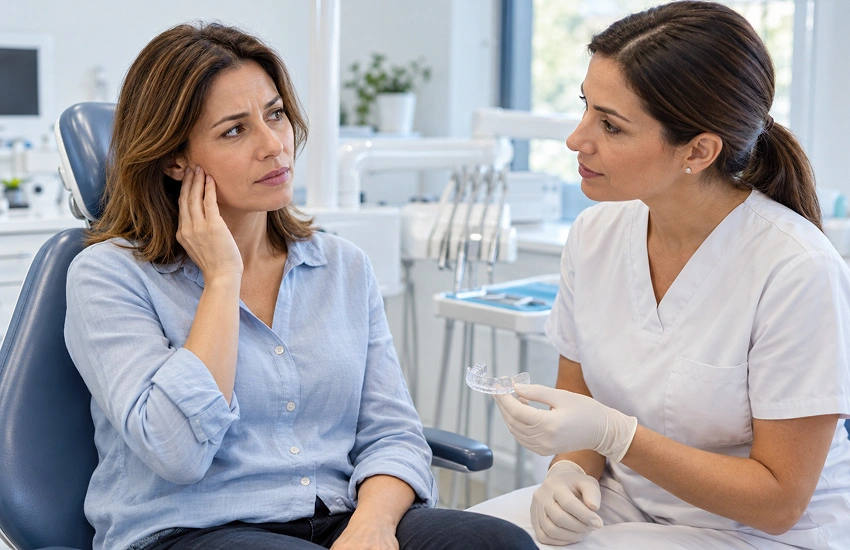 Paciente señalando molestias en la mandíbula mientras una dentista sostiene una férula de descarga.